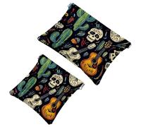Day of The Dead Trousse de maquillage de poche en forme de cactus, motif crânes, étanche, sans fermeture éclair, fermeture automatique, mini rangement de voyage portable pour écouteurs et bijoux,