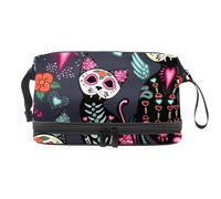 Day of The Halloween Cats Trousse de toilette double couche pour femmes et filles, trousse de toilette de voyage, trousse de maquillage pratique avec compartiment à brosse, multicolore, 27x15x14