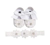 DAY8 Chaussures Bébé Fille Premier Pas Automne Chaussure Bebe Fille Souple Antiderapantes Princesse Bapteme Mariage Ceremonie Ensemble Bebe Fille Chaussures Ballerine + Bandeau (Blanc, 0-6 Mois)