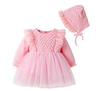 DAY8 Robe Bébé Fille 0-18 Mois Automne Hiver Princesse Cérémonie Mariage Fleur Manche Longue Tutu Tulle Ensemble Avec Chapeau (Rose, 66(0-3 Mois))