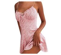 Robe Femme Été à Bretelles Volant Mini Robe de Soirée Femme Sexy Dos Nu Fleurie Robe de Plage Femme Courte Décontracté Robe de Cocktail Femme Chic sans Manches Robe Trapèze (Rose, M)