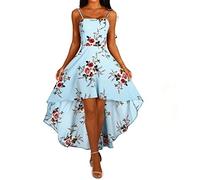 DAY8 Robe Femme Été Pas Cher Bohême Fluide Robe Sexy Dos Nu à Bretells Fleur Robe Courte Devant Longue Derriere Robe Soirée Femme Chic Fête Plage Robe de Cocktail Femme Mariage (Bleu, L)
