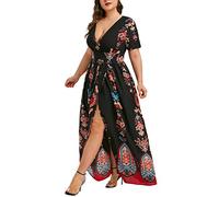 DAY8 Robe Longue Femme Été Grande Taille L à 5XL Bohême Chic Mariage Sexy Fendue Col V Manche Courte de Plage Pas Cher Maxi Casual Decontractée pour Vacance (Noir, XL)