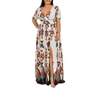 DAY8 Robe Longue Femme Été Grande Taille L à 5XL Bohême Chic Mariage Sexy Fendue Col V Manche Courte Plage Pas Cher Maxi Casual Decontractée pour Vacance (Blanc, 4XL)