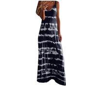 DAY8 Robe Longue Femme Ete Tie Dye Robe Sexy Grande Taille Robe Bohème Femme Chic Pas Cher Robe Soiree Cocktail Femme Bretelles Maxi Dress Robe Debardeur Femme Longue sans Manches (Bleu Marine, L)