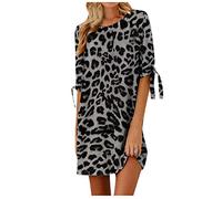 DAY8 Robe Sexy Imprimé Léopard Robe Courte Femme Ete Pas Cher a la Mode Robe Tunique Longue Robe de Plage Manches 1/2 Robe Soiree Femme Chic Robe Casual Lâché Mini Dress (Marron, XXL)