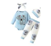 DAY8 Vêtement Bébé Fille Hiver Ensemble Bébé Fille Naissance Printemps Fleur Pyjama Bébé Garcon Manche Longue Body Automne Haut Combi Combinaison + Pantalon + Bonnet + Bandeau (0-3 mois, Bleu)