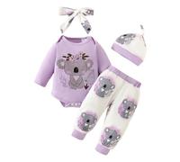 DAY8 Vêtement Bébé Hiver Ensemble Bébé Naissance Printemps Fleur Bébé Manche Longue Body Automne Haut Combi Combinaison + Pantalon + Bonnet + Bandeau (12-18 mois, Violet)