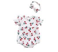 DAY8 Vêtements Bébé Fille Pas Cher Été Body Pyjama Bébé Fille Naissance 3-24 Mois Combinaison Bébé Fille sans Manche Impression Grenouillère Combi Barboteuse Gland + Bandeau (0-6 Mois, Blanc 4)