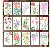 Dayker 15PCS Fleur Stencils, Wildflower Feuille peinture Stencils, Modèles de dessin d'art PET réutilisables, bricolage artisanat Plante Stencil pour la peinture sur bois papier peint toile