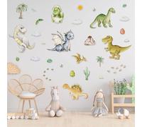 Dayker Stickers muraux dinosaures, stickers muraux dinosaures aquarelle, décorations murales à décoller et coller plantes volcan grotte, papier peint cartoon pour chambre d'enfant garçon fille salle