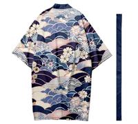 DAYKET Cardigan Kimono Japonais - Peignoir Kimono Léger pour Homme, Manches 3/4, Peignoir Décontracté, Cardigan Long Ouvert sur Le Devant avec Ceinture,Blue-4XL