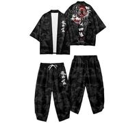 DAYKET Cardigan Kimono pour Hommes, Pantalon Large Dragon Fashion Streetwear Pantalon de Robe Kimono Japonais Costume Décontracté Veste Kimono Haori Traditionnelle,Black-S