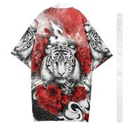 DAYKET Cardigans Kimono Longs D'été pour Hommes, Imprimé Tigre, Manteau Japonais Long, Ample et Léger, Peignoir Haori avec Ceinture,White-M