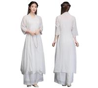 DAYKET Ensemble de 3 Pièces pour Femme, Tenue de Tai-chi Traditionnelle Chinoise à Manches Trois-Quarts pour Exercices Matinaux de Kung-fu, Wing Chun,White-L