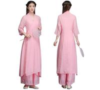 DAYKET Ensemble de 3 Pièces pour Femme, Tenue de Tai-chi Traditionnelle Chinoise à Manches Trois-Quarts pour Exercices Matinaux de Kung-fu, Wing Chun,Pink-L