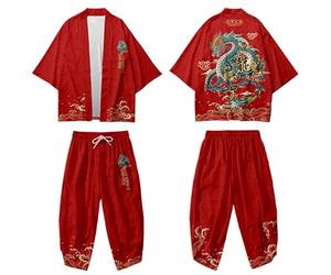 DAYKET Ensemble Kimono Traditionnel, Costume de Pyjama pour Hommes Kimono de Style Japonais, Ensemble Haut + Pantalon Grande Taille,Red-L