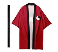 DAYKET Kimono Japonais Léger pour Homme, Léger, Manches 3/4, Peignoir Décontracté, Ouvert sur Le Devant, Long Cardigan avec Ceinture,Red-5XL