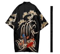 DAYKET Kimono Japonais pour Homme, Léger, Ample, Yukata, Peignoir Long avec Ceinture,Black-M