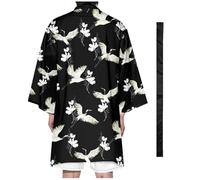 DAYKET Veste Haori pour Homme, Style Japonais, Motif Grue Volante, Kimono Long, Cardigan, Yukata, Léger, Décontracté, avec Ceinture,Black-XL