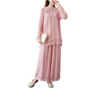 DAYKET Vêtements Tai Chi pour Femmes, Costume d'arts Martiaux en Coton et Lin pour La Méditation Kung Fu Zen, Ensemble Haut + Pantalon Traditionnel Chinois,PinkB-XL