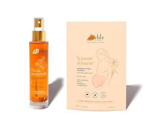 Daylily | Confort Ventre 3e Trimestre: Huile Sensorielle et Masque Pause Douceur | Apaise démangeaisons, tiraillements | Dermochlorella acide hyaluronique | Vegan Fabriqué en France | 100 ml et 50 ml
