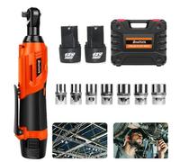 DayPlus Clé à cliquet électrique sans fil 12 V 40 Nm, 2300 tr/min, batterie à cliquet avec 2 batteries et 7 prises pour ingénierie mécanique, travaux de bricolage, orange