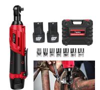 DayPlus Clé à cliquet électrique sans fil 12 V 40 Nm, 2300 tr/min, batterie à cliquet avec 2 batteries et 7 prises pour ingénierie mécanique, travaux de bricolage, rouge