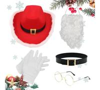 Dayysiuy Costume de Père Noël | Barbe et Chapeau du Père Noël - Lunettes Dorées Chapeau de Cowboy Rouge Gants Barbe Blanche Ceinture pour Grands-Parents Halloween Cosplay