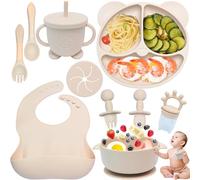 Dazhtu 10 Pièces Coffret Repas Bebe Silicone, Assiette bebe Set Vaisselle Assiette ventouse pour bébé, Bavoir Silicone Bebe, fourchettes, Enfant Set Couverts Vaisselle Pour Sevrage Manger (Beige)