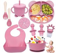 Dazhtu 10 Pièces Coffret Repas Bebe Silicone, Assiette bebe Set Vaisselle Assiette ventouse pour bébé, Bavoir Silicone Bebe, fourchettes, Enfant Set Couverts Vaisselle Pour Sevrage Manger (Rose)