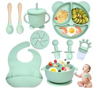 Dazhtu 10 Pièces Coffret Repas Bebe Silicone, Assiette bebe Set Vaisselle Assiette ventouse pour bébé, Bavoir Silicone Bebe, fourchettes, Enfant Set Couverts Vaisselle Pour Sevrage Manger (Vert)