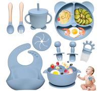 Dazhtu 10 Pièces Coffret Repas Bebe Silicone, Assiette bebe Set Vaisselle Assiette ventouse pour bébé, Bavoir Silicone Bebe, fourchettes, Enfant Set Couverts Vaisselle Pour Sevrage Manger (Bleu)