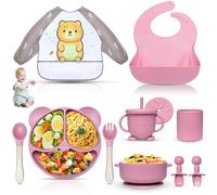 Dazhtu Assiette bebe Set, 11 Pièces Coffret Repas Bebe Silicone, Vaisselle Assiette ventouse pour bébé, Bavoir Silicone Bebe, Cuillère, Enfant Set Couverts Vaisselle Pour Sevrage Manger (Rosa)