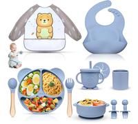 Dazhtu Assiette bebe Set, 11 Pièces Coffret Repas Bebe Silicone, Vaisselle Assiette ventouse pour bébé, Bavoir Silicone Bebe, Cuillère, Enfant Set Couverts Vaisselle Pour Sevrage Manger (Bleu)