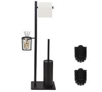 DAZI Ensemble Brosse Toilettes WC avec Support Papier Toilette sur Pied et Panier de Rangement, Brosse WC en Acier Inoxydable 3 en 1, Design Minimaliste et Gain de Place (Noire)