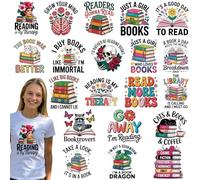 Dazoratix Lot de 20 feuilles de transferts thermocollants amusants en vinyle avec citations de livres colorés prêts à presser pour t-shirts, vêtements, sacs d'oreiller, loisirs créatifs, appliques