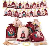 DazSpirit 24 Calendrier de l'Avent à Remplir 2025 avec Guirlande LED, DIY Sacs Calendrier de l'Avent Grand, Sacs Deco Noël pour Enfants et Adultes avec Pinces en Bois et Corde de Chanvre