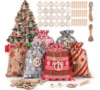 DazSpirit 24 Calendriers de l'Avent à remplir soi-même, Calendrier de l'Avent Tissu avec Pinces en Bois, Corde de Chanvre, Cloches et Chiffres en Bois, Calendrier de Noël Sac en Jute