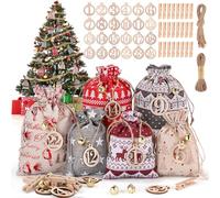DazSpirit 24 Calendriers de l'Avent à remplir soi-même, Calendrier de l'Avent Tissu avec Pinces en Bois, Corde de Chanvre, Cloches et Chiffres en Bois, Calendrier de Noël Sac en Jute