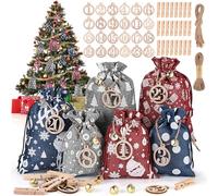 DazSpirit 24 Calendriers de l'Avent à remplir soi-même, DIY Calendrier de l'Avent Tissu avec Pinces en Bois, Corde de Chanvre, Cloches et Chiffres en Bois, Calendrier de Noël Sac en Jute