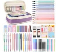 DazSpirit 62 Set de Papeterie Aesthetic avec Trousse Pliable, 12 Surligneurs Pastel, 4 Stylos Effaçables, 5 Stylos Gel, 6 Porte-mines, Notes Adhésives - Fournitures Scolaires pour Étudiants (Violet)