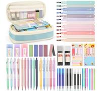 DazSpirit 62 Set de Papeterie Aesthetic avec Trousse Pliable, 12 Surligneurs Pastel, 4 Stylos Effaçables, 5 Stylos Gel, 6 Porte-mines, Notes Adhésives - Fournitures Scolaires pour Étudiants (Bleu)