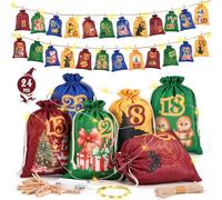 DazSpirit Calendrier de l’Avent à remplir 2025 avec Guirlande LED, 24 Sachets Tissu Numérotés, Pinces en Bois & Corde en Chanvre, Calendrier de l’Avent DIY, Pochettes Cadeaux Noël pour Enfants