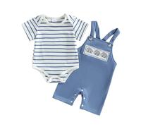 Dazzerake 2Pcs Ensemble Bébé Garçon, Tenue Bébé Garçon Été, Barboteuse Rayée Manche Courte, Salopette Brodé Animal, Ensemble Été pour Nouveau-né (Bleu, 6-12 Months)