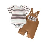 Dazzerake 2Pcs Ensemble Bébé Garçon, Tenue Bébé Garçon Été, Barboteuse Rayée Manche Courte, Salopette Brodé Animal, Ensemble Été pour Nouveau-né (Marron, 12-18 Months)