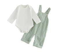 Dazzerake 2Pcs Vêtement Ensemble Bébé Garçon Automne Hiver Barboteuse Manches Longues + Pantalon Salopette à Carreaux Tenue en Coton pour Garçons 0 à 18 Mois (Vert, 12-18 Months)