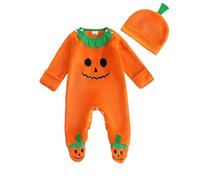 Dazzerake 3 Pièces Ensemble Halloween pour Bébé Garçon Fille Déguisement Halloween 0-24 Mois Combinaison à Manches Longues Chapeau et Chaussures (Orange B, 0-3 Mois)
