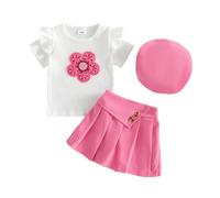 Dazzerake 3Pcs Ensemble Bébé Fille Élégant, Tenue Bébé Fille avec Béret, Haut à Fleur Brodée, Short Jupe Plissée à Couleur Unie, Vêtement d'été pour Petite Filles (Rose, 18-24 Months)