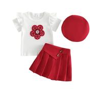 Dazzerake 3Pcs Ensemble Bébé Fille Élégant, Tenue Bébé Fille avec Béret, Haut à Fleur Brodée, Short Jupe Plissée à Couleur Unie, Vêtement d'été pour Petite Filles (Rouge, 6-9 Months)